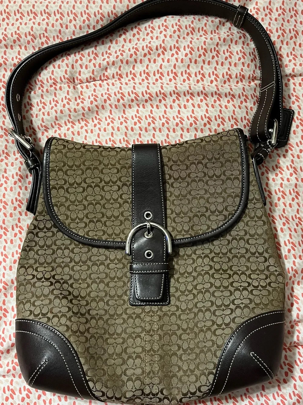 Coach Brown Signature Canvas Shoulder Bag with Dark Brown Leather Accents - Picture 1 of 12